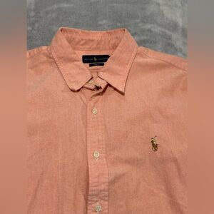 RALPH LAUREN XL SLIM FIT BUTTON DOWN SHIRT.‎ FLESH PONY PIN CHECK SHORT SLEEVE